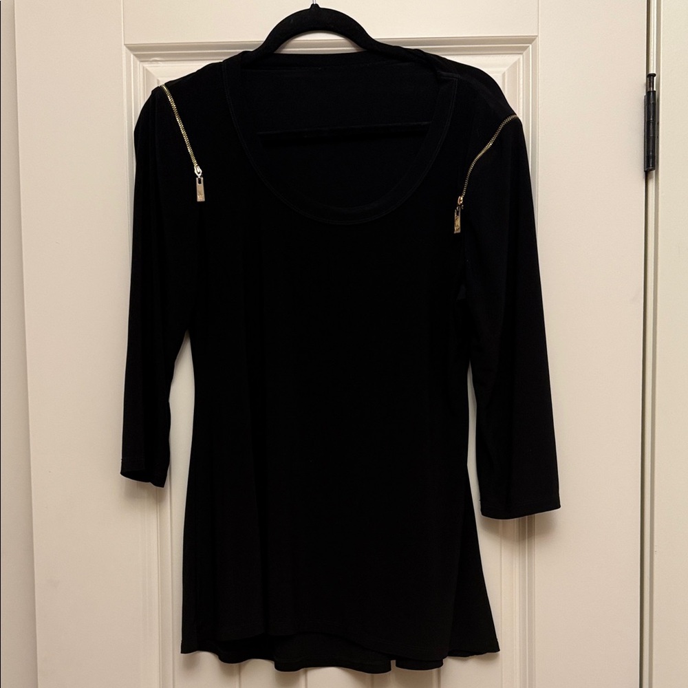 DKNY Black Long Sleeve Tee with Gold Zipper Accents